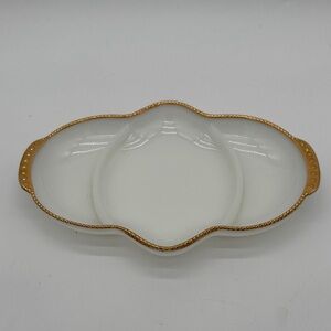 Vintage Fire King Milk Glass Divided Relish Dish with Gold Hobnail Trim